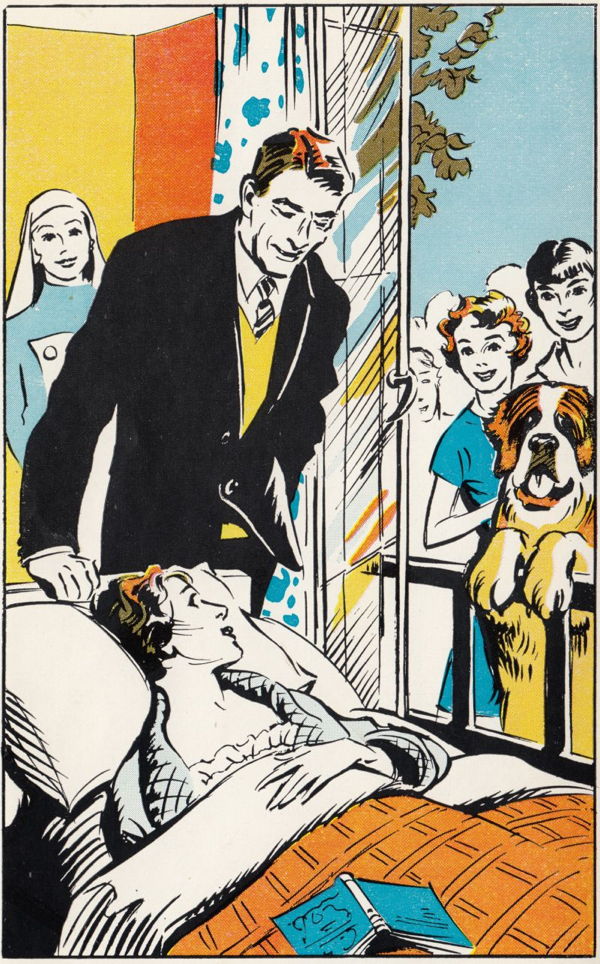 Doctor talks to woman in bed. Nurse in background, and women and dog at the window.