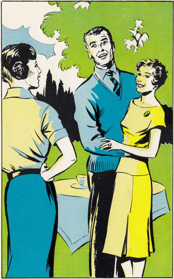 Man holding woman talks to another woman