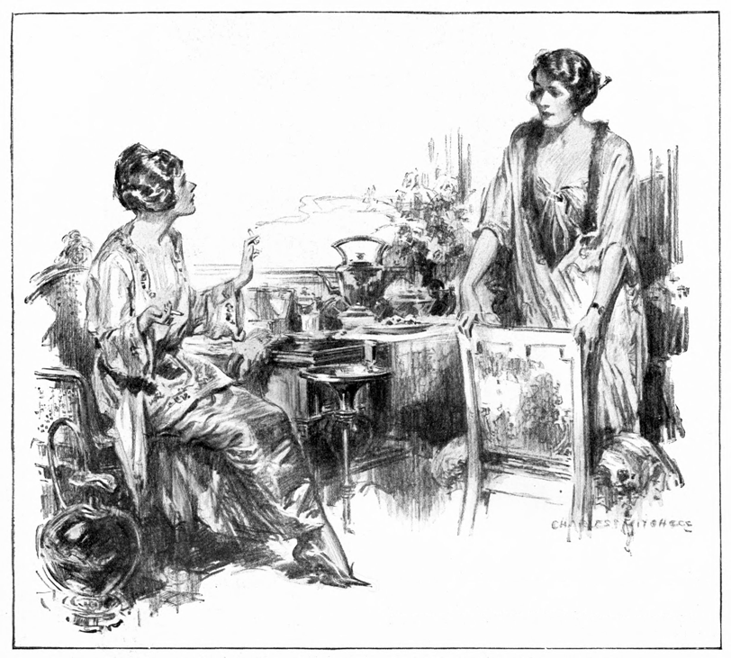A woman sitting with a lit cagarette in each hand talking to a woman standing by a chair