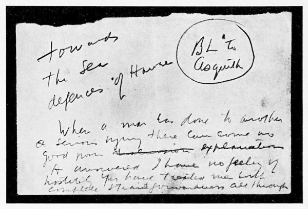 scrap of handwriting with Bonar Law and Asquith names circled