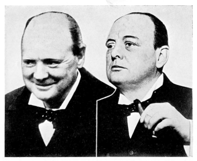 2 faces of Churchill: one smiling with head down and the other unsmiling with chin up while holding a cigar
