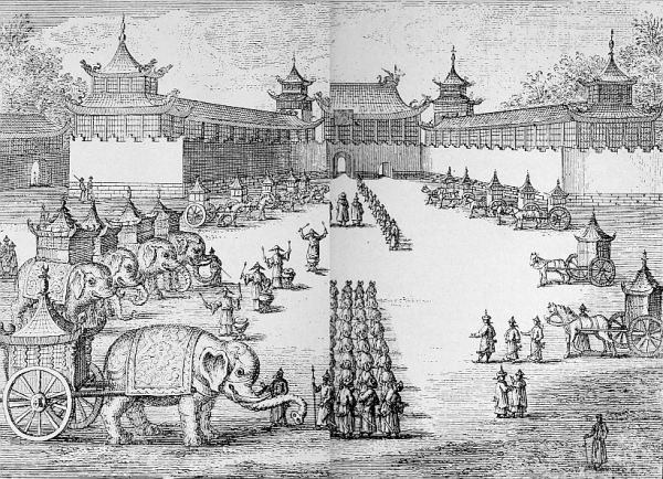 tent wagons pulled by elephants in foreground and horses in background in large courtyard with rows of standing men