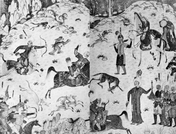 men on horseback shooting arrows at dogs, deer and small animals