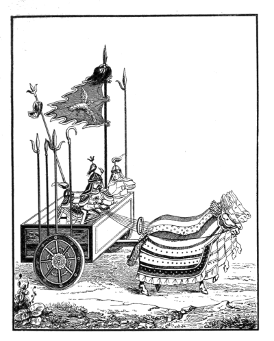 wide wooden cart holding 3 armoured soldiers, banners and spears pulled by 4 horses