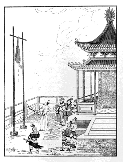 7 men standing in front of a pagoda, one with bow shooting at a bag hanging on a crossbar between two poles