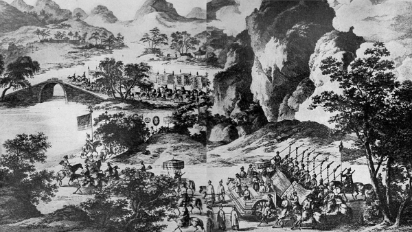 large wooden chariot and procession of soldiers in countryside of mountains with soldiers crossing a bridge in background