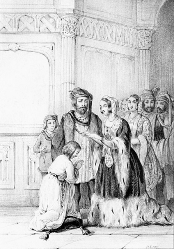 Jeune personne agenouillée devant des seigneurs et des dames.