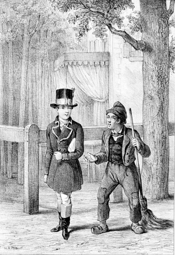 Un balayeur de rue mendiant auprès d’un homme vêtu d’un chapeau haut de forme surdimensionné, de bottes brillantes et d’une garde-robe coûteuse.