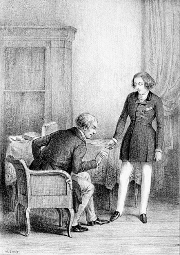 Un jeune homme debout tend un petit objet rond à un homme plus âgé assis.