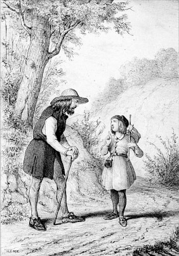 Un homme portant un chapeau appuyé sur une canne sur un chemin écoutant un garçon