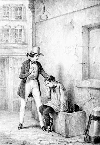 Jeune homme debout avec son bras sur l’épaule d’un jeune homme assis tenant sa tête avec sa main.