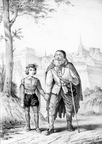 Homme barbu aveugle avec un bâton conduit par un garçon.