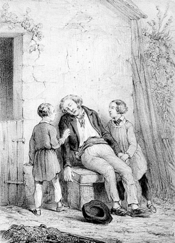 Un homme dort sur un banc à l’extérieur d’une maison avec son chapeau sur le sol et deux enfants essayant de le réveiller