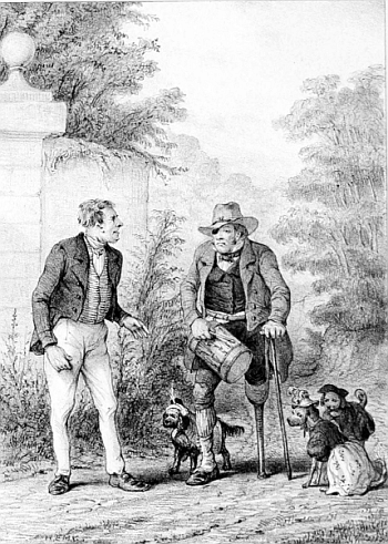 Un homme parle à un autre homme qui a une jambe de bois, une canne, un tambour à la ceinture et un bandeau sur l’œil. Trois chiens l’entourent, habillés en garçon et en fille.