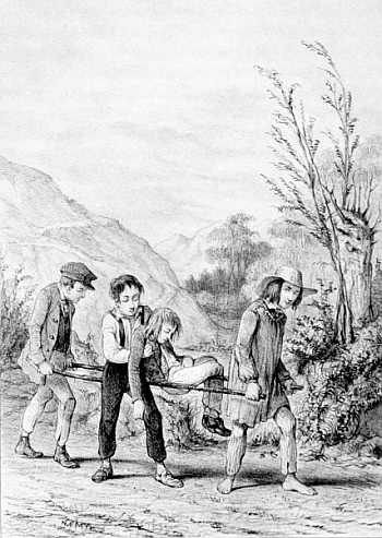 Trois garçons transportant un garçon dans une civière en bois.