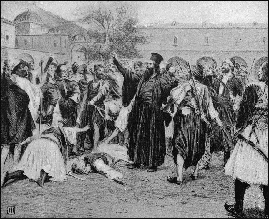 Drawing of a mixed crowd of men and soldiers. One man, dressed in black, is standing in the midst of the crowd with his right arm upraised. There is another man laying on the ground with a dagger laying next to him and another man crouching over him.