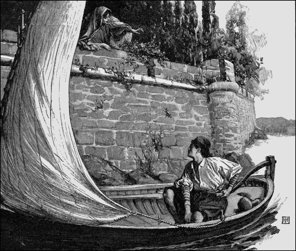 Drawing of a woman leaning over a wall and throwing roses down to a man who is seated in a small boat in a river which is flowing below the wall.