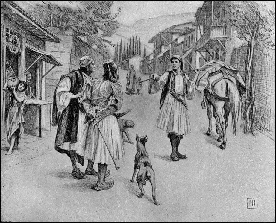 Drawing of a street scene showing several people and animals. One man is looking towards two other men, who are looking back at him.