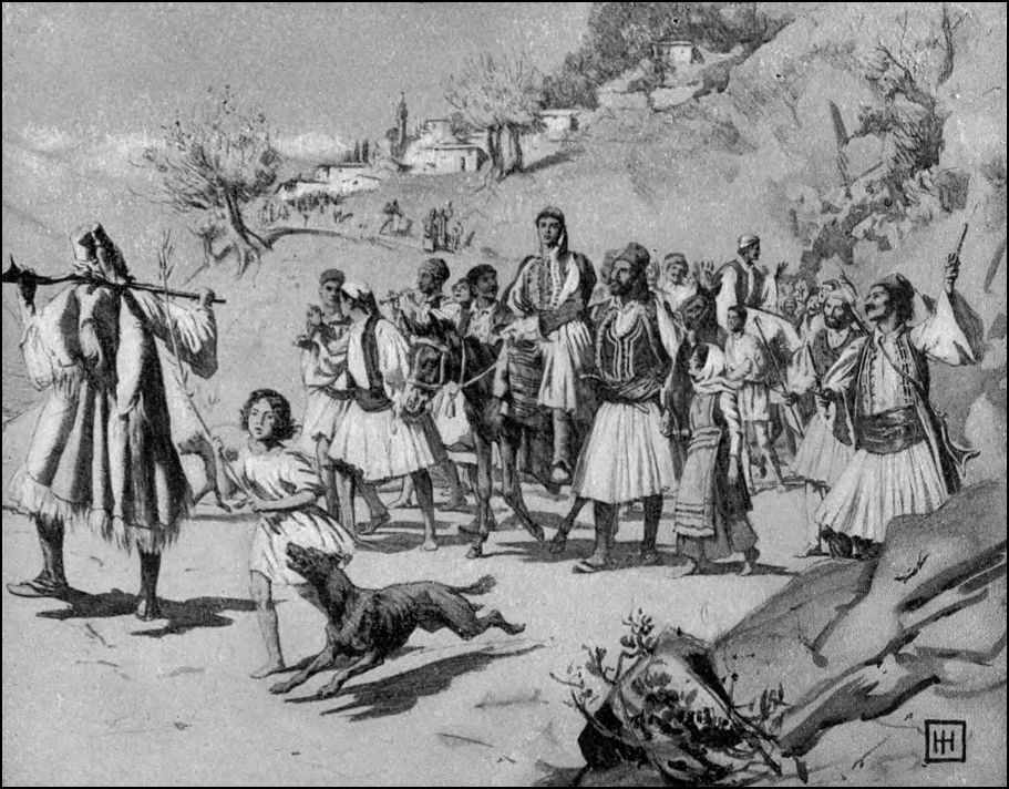 Drawing is an outdoor scene showing a large group of men and children walking. One man is on horseback.