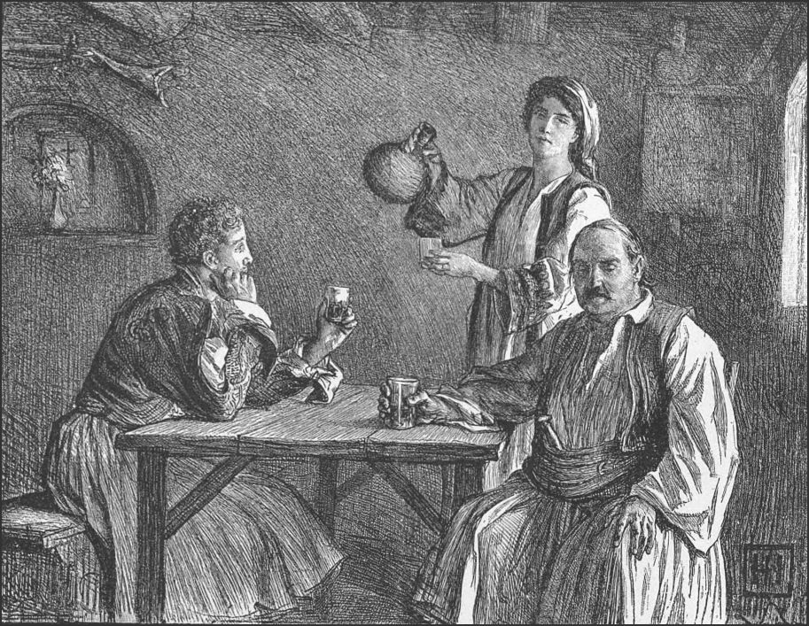 Drawing is an indoor scene. Two men are sitting on opposite sides of a table with drinks in their hands. A third man is standing next to the table and pouring from a jug into a glass in his hand.