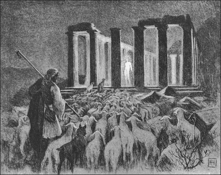 Drawing of a shepherd and his flock of sheep standing outise a ruined temple. There is a glowing figure of a man standing inside the temple.