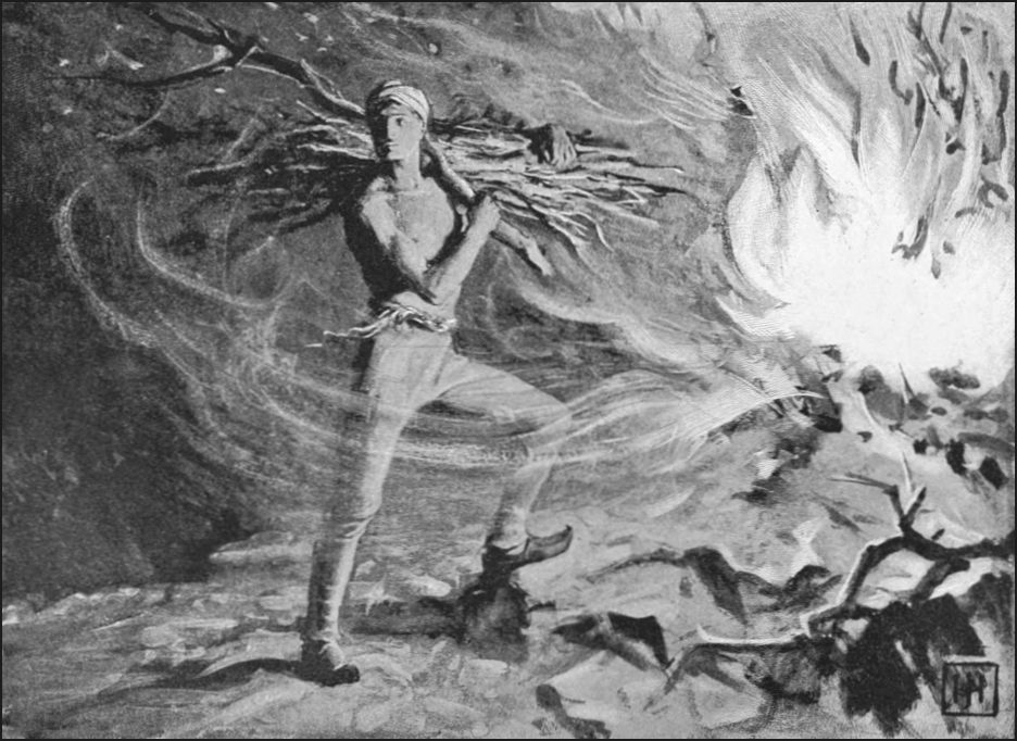 Drawing showing a man carrying a bundle of branches and walking towards a fire.