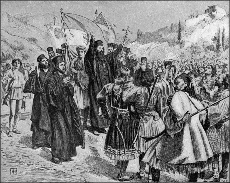 A large group of men are gathered around a man dressed in black with this hands upraised. He is holding a scepter in one hand.