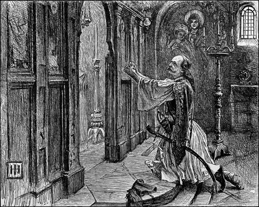 Drawing of the inside of a church with a man on bended knew with his hands clasped together in front of him.