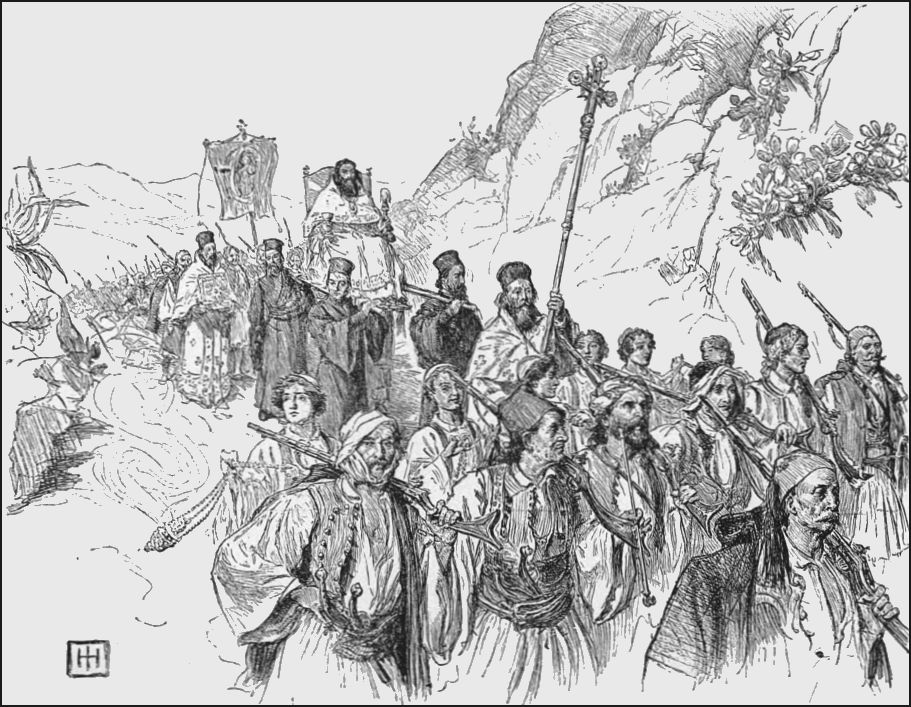 Drawing of a procession with man seated in a chair and being carried by a group of men. There is a large crowd of men in front of and behind the man who is central in the procession.