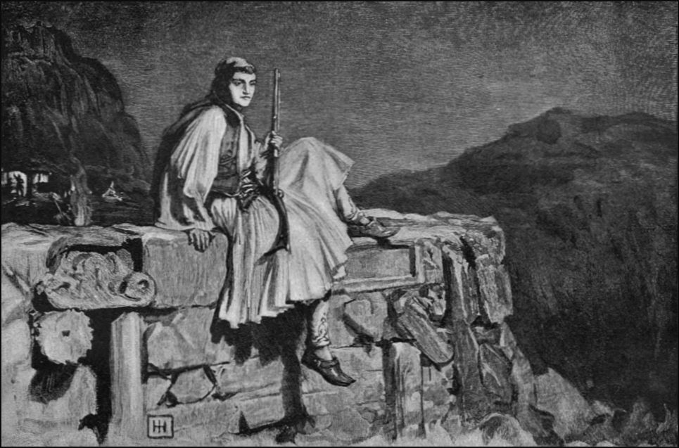 Drawing of a man, holding a rifle and climbing over a wall.