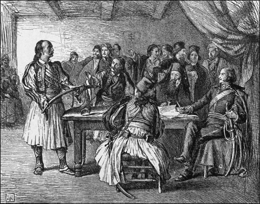 Drawing is an indoor setting. There are several men seated at a table. Another man is standing next to the table and is holding a saber in both hands and presenting it towards the men at the table. There is a larger group of men standing in the background.