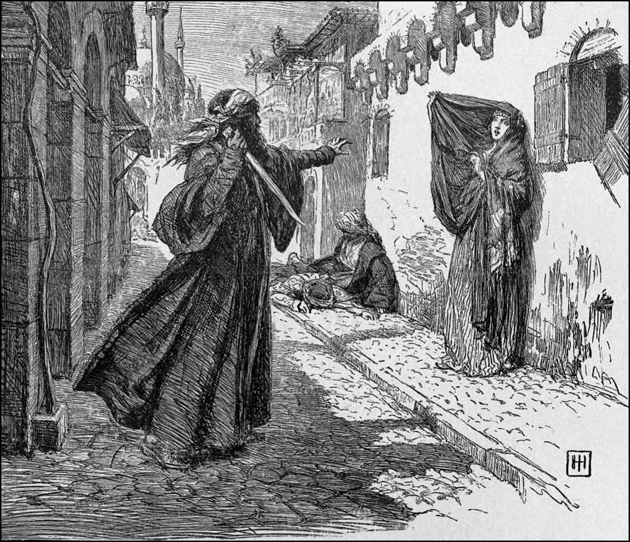 Drawing is a street scene. A woman with a shawl covering her head is standing against a wall. A man holding a dagger in a threatening manner is approaching the woman.