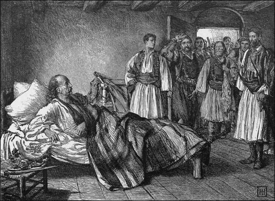 Drawing of an indoor scene. There is a man rising up from a bed while a group of men are entering the bedroom.