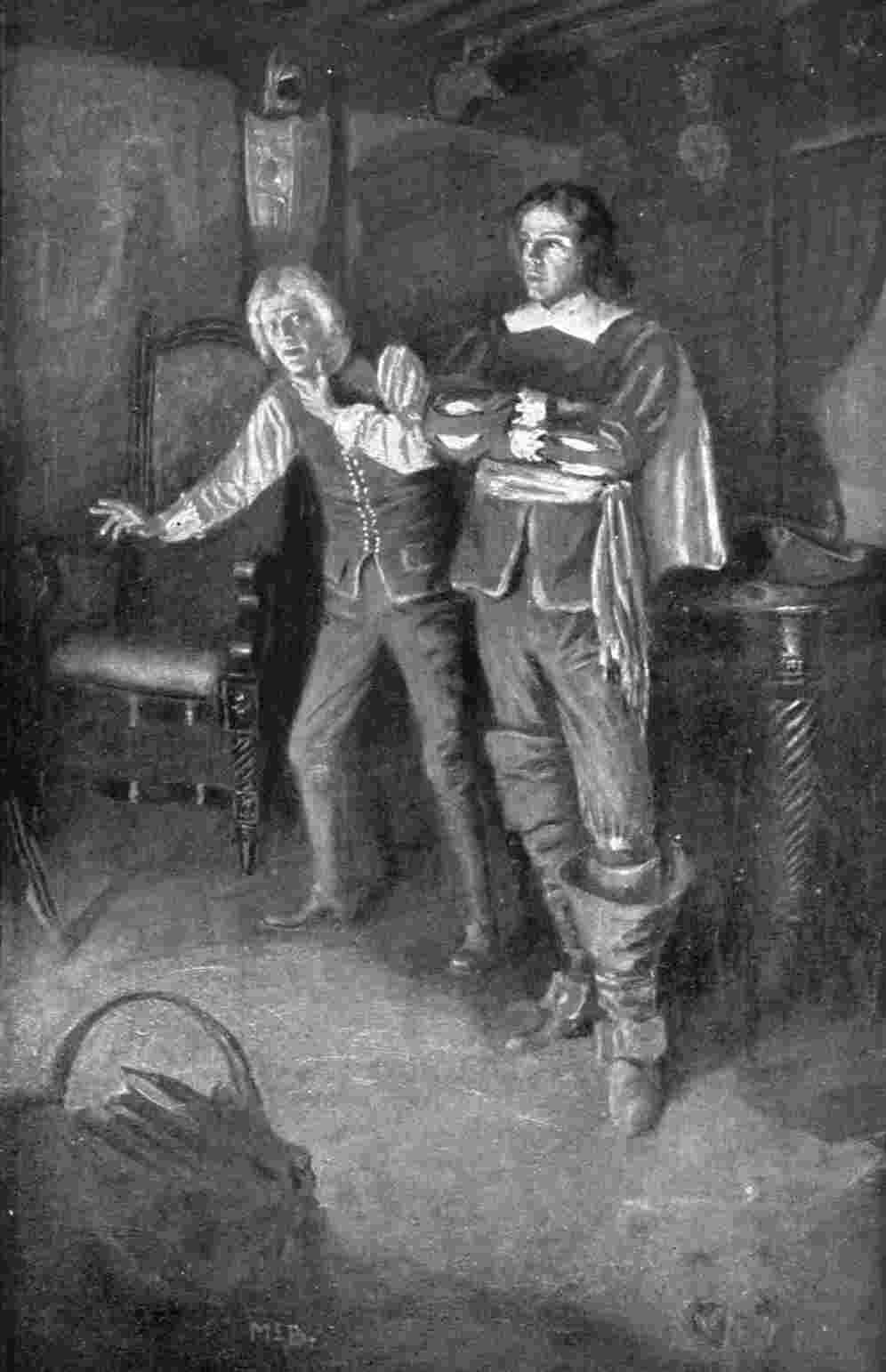Two men talking in a dark room
