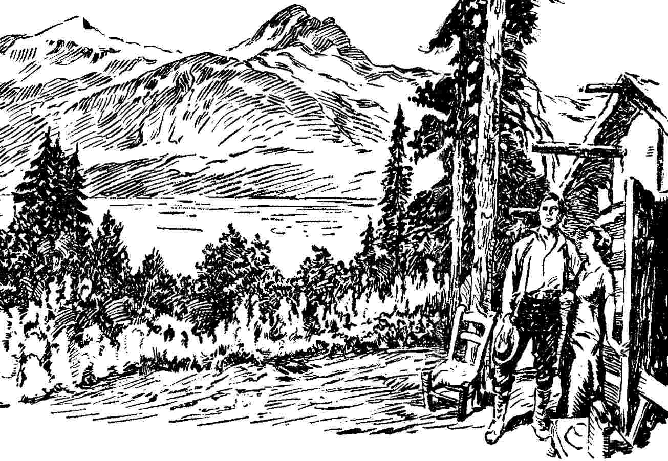 Man and woman in front of wilderness cabin