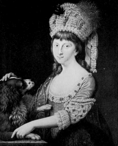 Portrait of Marianne Sykes seated wearing a large lace cap with a spaniel dog in her lap