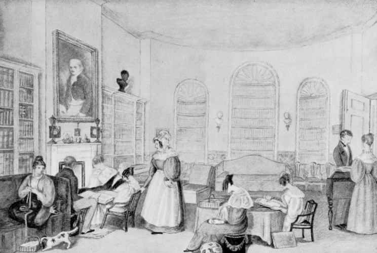 drawing of library with many family members reading, sewing and sitting by the fireplace