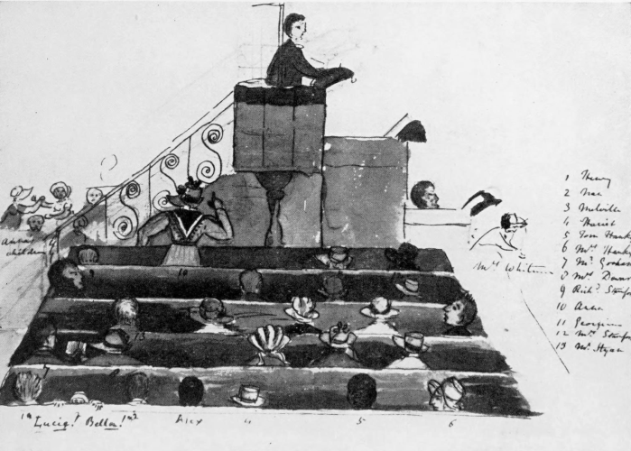 watercolor painting of pastor at the pulpit with pews filled with heads and bonnets