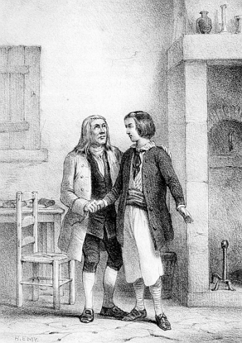 older man shaking hand of younger man with eyes raised