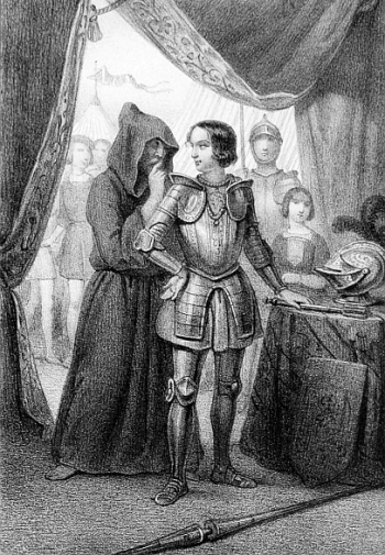 hooded monk whispering to a man suited in armour