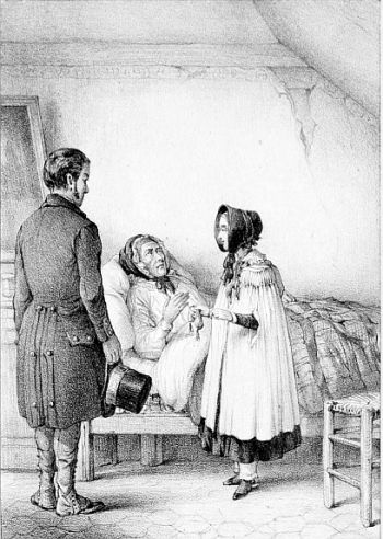 man and girl standing beside bedridden old lady wearing a cap
