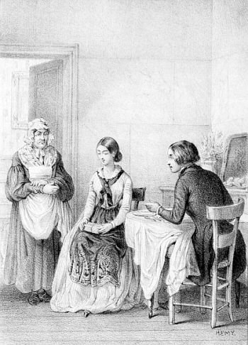 woman and man seated at table, maid standing beside woman as woman looks down at tied pappers in her lap