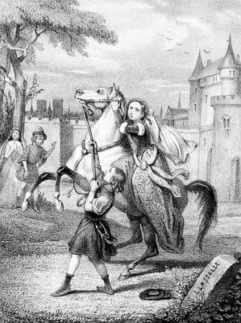 distressed lady on a horse with small boy holding the reins of the horse, castle in background