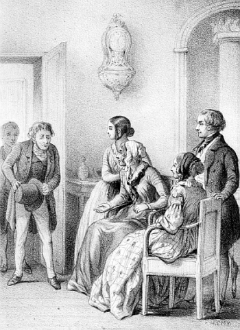 man with hat in hand speaking to three women and a standing man