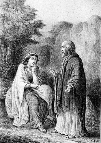 woman seated with hand in hand looking upward and bearded man standing in front of her with right hand raised