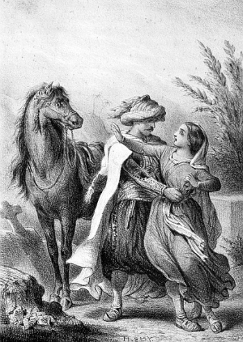 turbaned man with arms around the waist of a young girl who has her right hand raised in protest