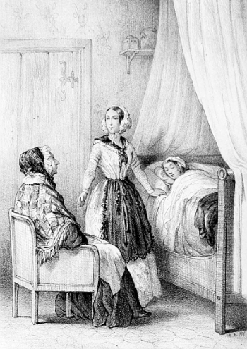 girl sleeping in bed with standing woman and a seated old woman minding her