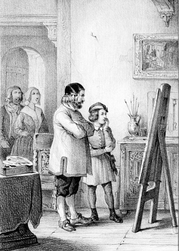 painter and boy stand looking at a painting on an easel while man and woman look on