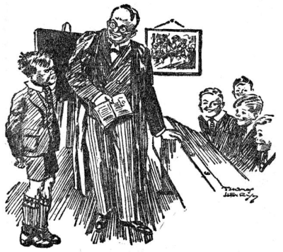 William standing with teacher in front of class with his hands behind his back wearing an angry frown