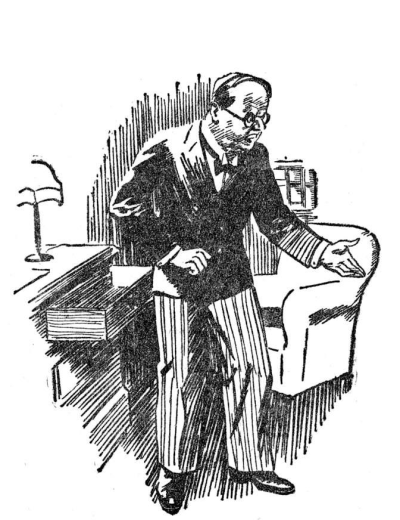 man in suit with glasses standing with hand out in front of desk with opened drawer